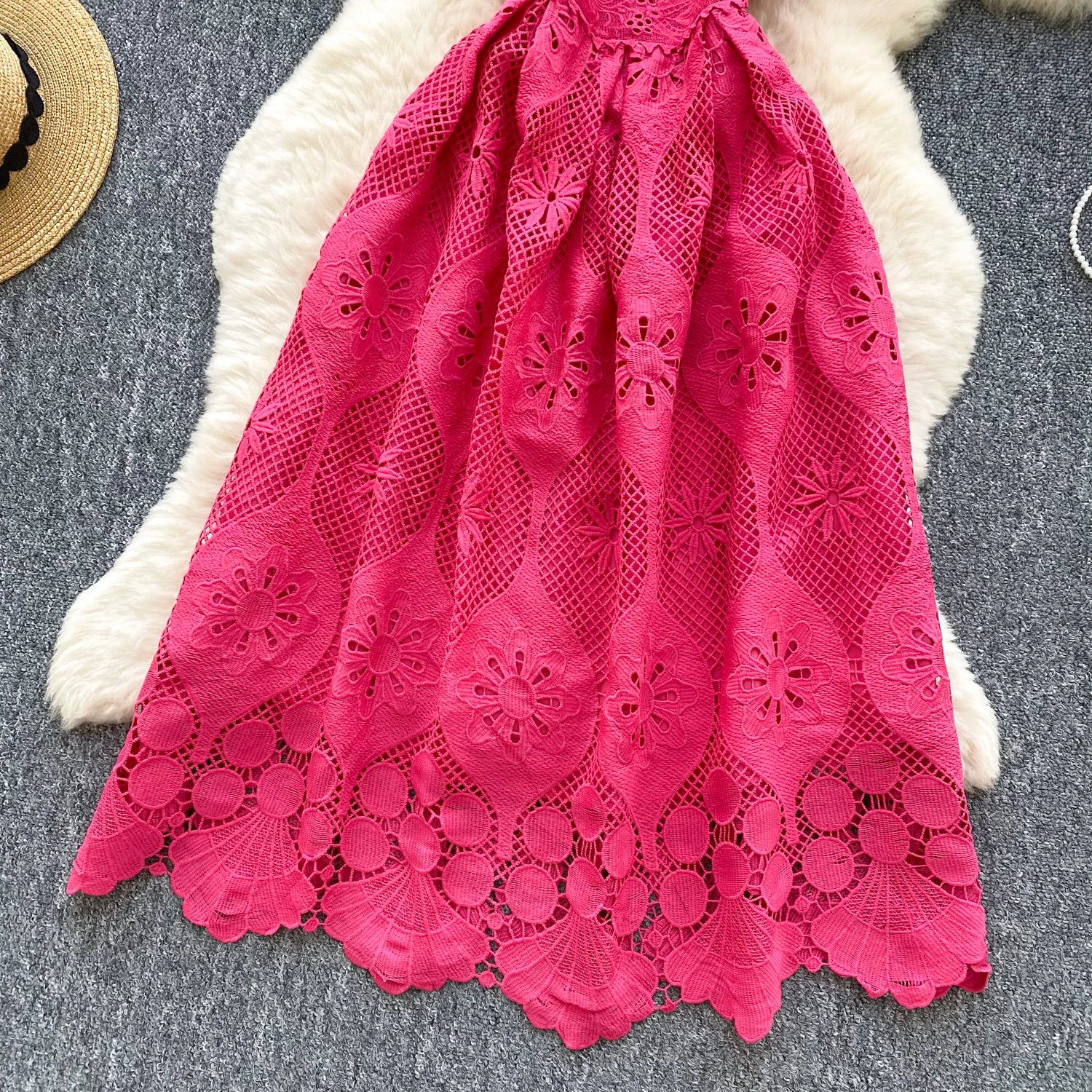 France Elegant Fashion Slim Evening Dress Women Hollow Out Lace Crochet Party Dress Female Casual Chic High End Clothing New