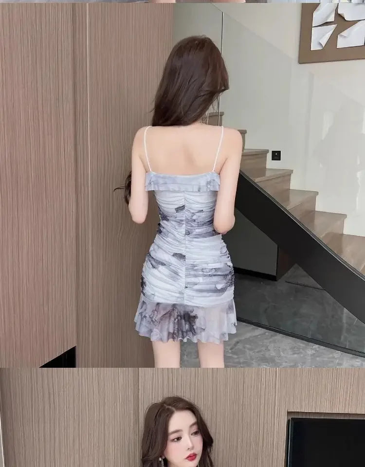 Summer French Pure Sexy Mesh Printed Suspender Dress Waist Pleated Bag