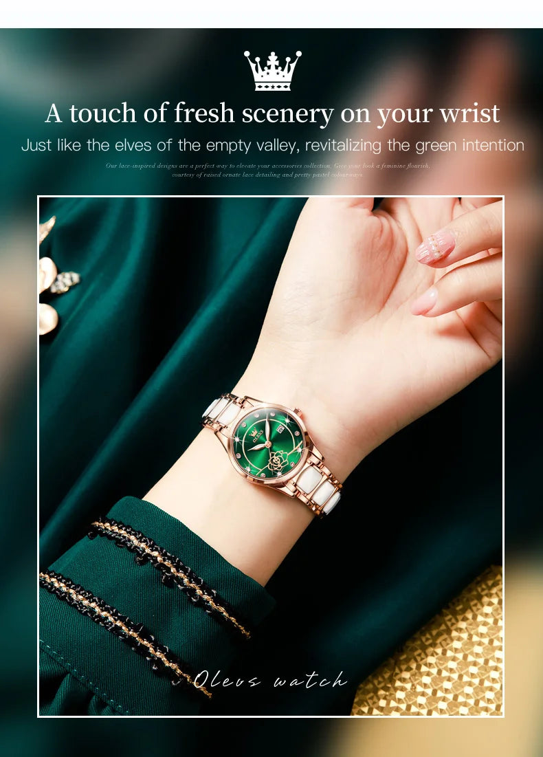 OLEVS 3606 Luxury Women Watch Camellia Quartz Japan Movement 30M Waterproof Watch For Women Ceramics Women Mechanical Watch