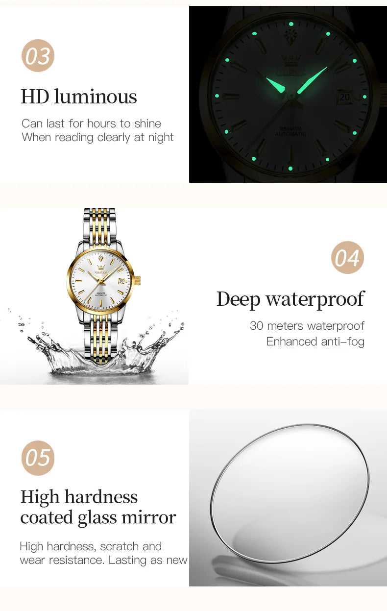 OLEVS 6635 Luxury Brand Ladies Watch Automatic Mechanical Wristwatch Waterproof Stainless Steel Watch For Women Chronograph Date