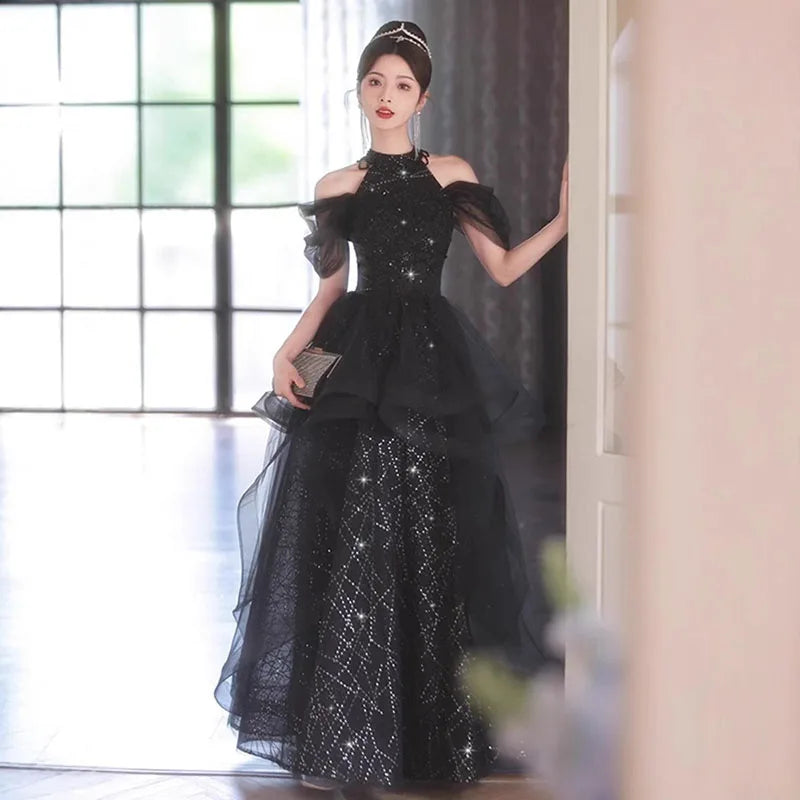 Evening Dresses Luxury 2026 Black Halter Evening Dress Corset Bodice Sequin Tulle Puffy Gown For Gala & Quinceanera