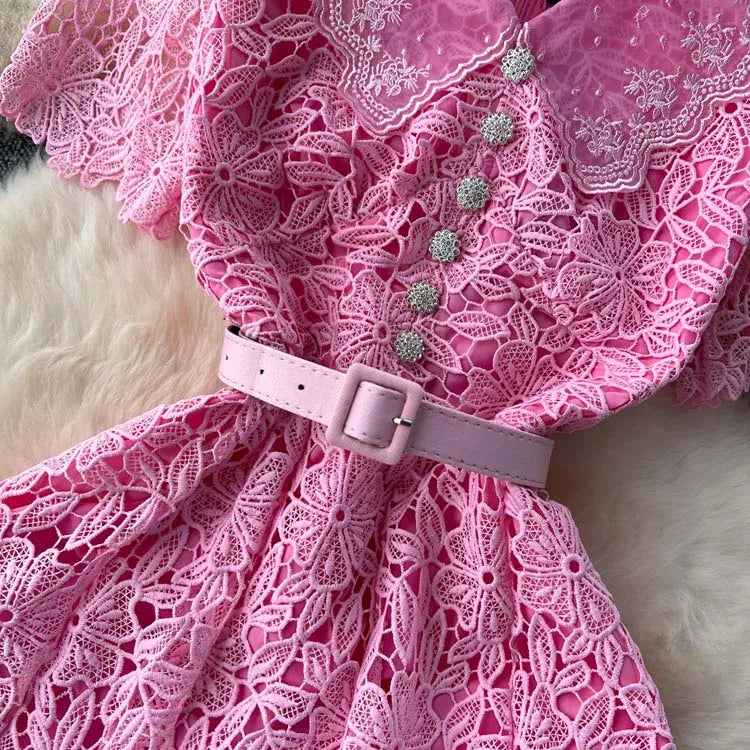 Luxury Pink Lace Midi dress with belt Women's 2025 Summer Elegant V-neck Rhinestone buttons Dresses Party clothing INKEO 4D094