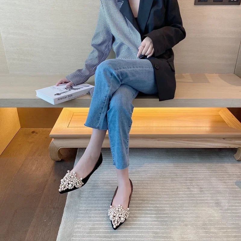 2024 Trend Pearl Ballet Flats Women Pumps Floors Shoes Without Heels Loafers Female Dress Moccasins Ladies Luxury Autumn Zapatos
