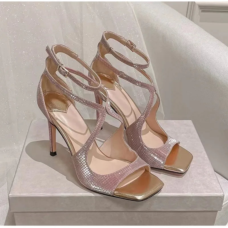 Fashion Patent Leather Peep toe Women Gladiator Sandals Sexy Narrow band Ankle Strap Gold Stiletto High heels Summer Party Shoes