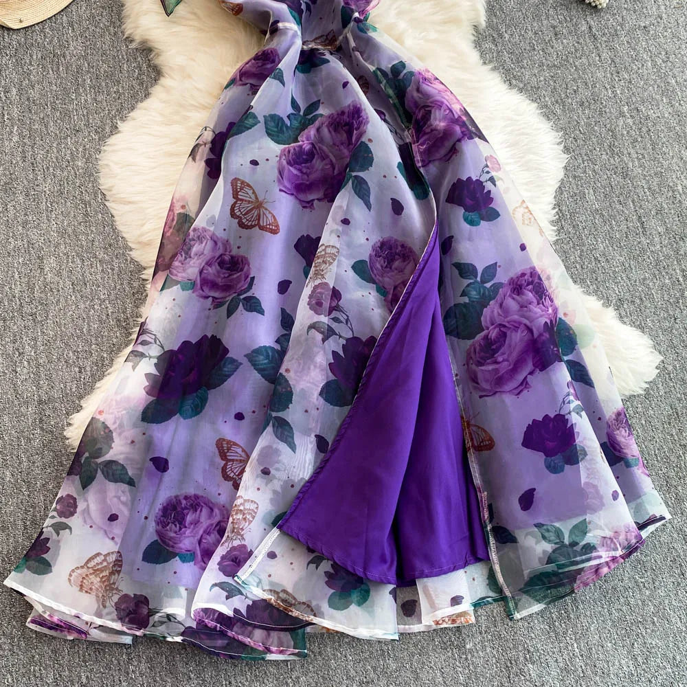 American Chic Maxi Dress for Women Floral Printed Skew Collar Sleeveless Female Dresses A-line Evening Club Vestidos Dropship