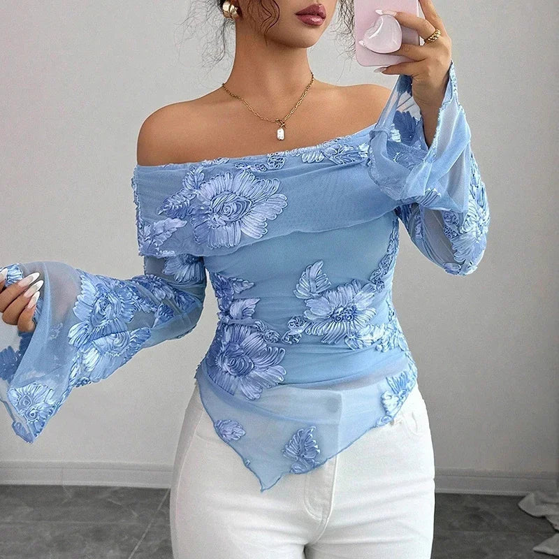 Sexy Irregular Off Shoulder Printed Long Sleeve T-Shirt Women Elegant Slim Fit T Shirts For Women Fashion Tops Tee