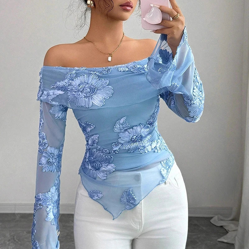Sexy Irregular Off Shoulder Printed Long Sleeve T-Shirt Women Elegant Slim Fit T Shirts For Women Fashion Tops Tee