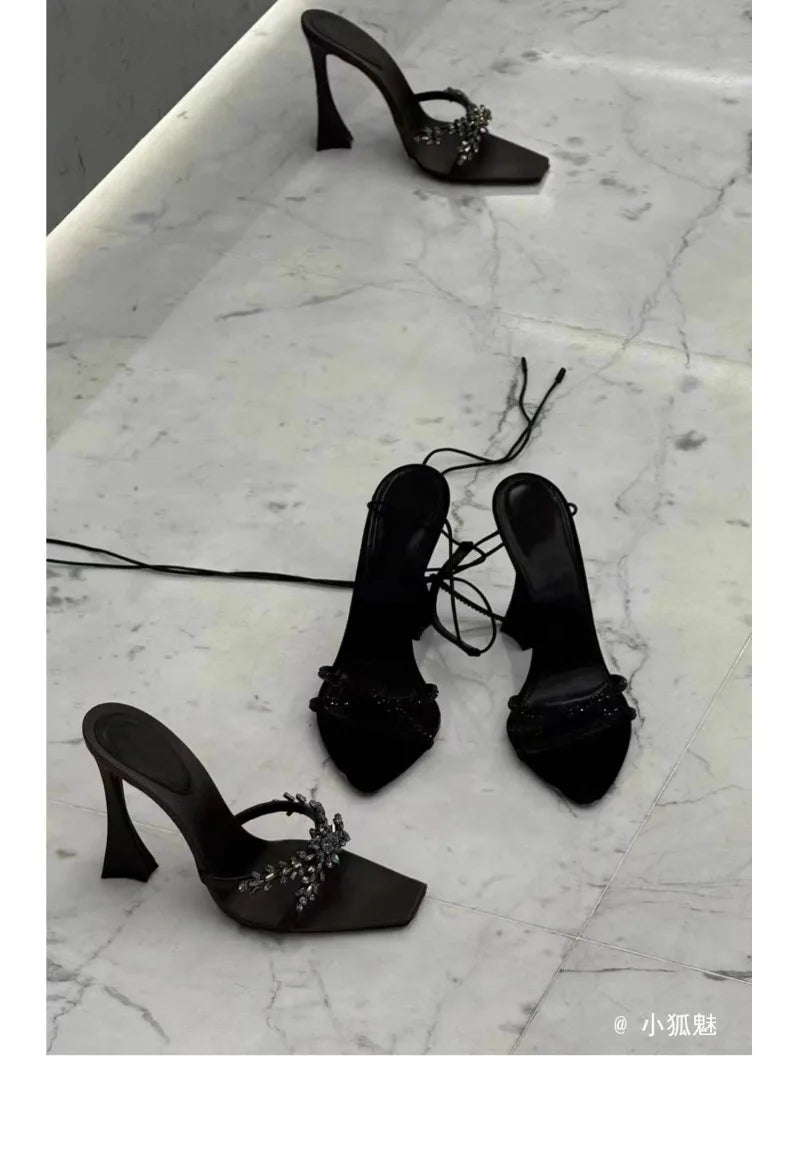 2025 Summer Women's High Heel Sandals Cross Rhinestone Square Head Open Toe Sandals Silk Sexy Stiletto High Heels Mules