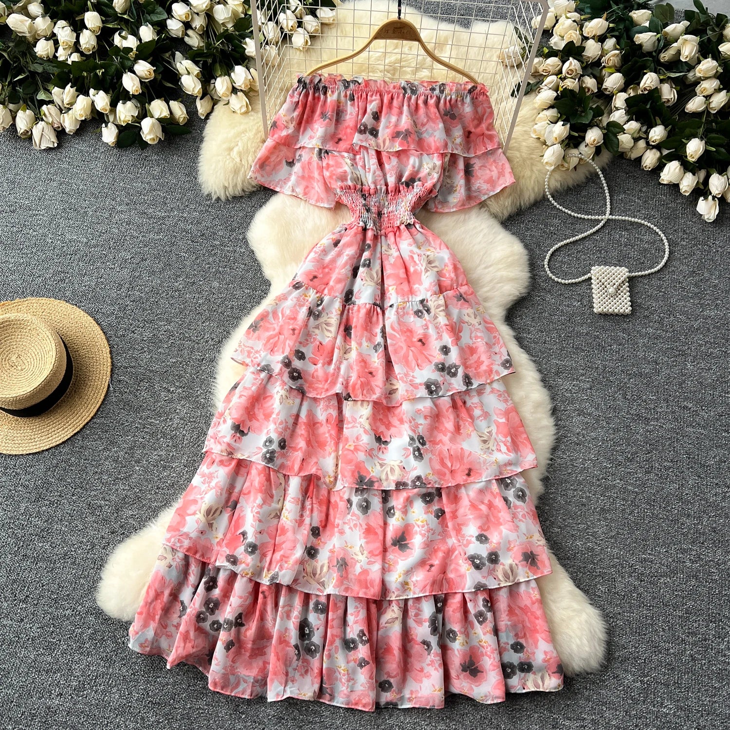 French Vintage Off Shoulder Short Sleeve Ruffle Tiered Long Dresses Chic Casual Beach Vacation Women Summer Chiffon Clothing