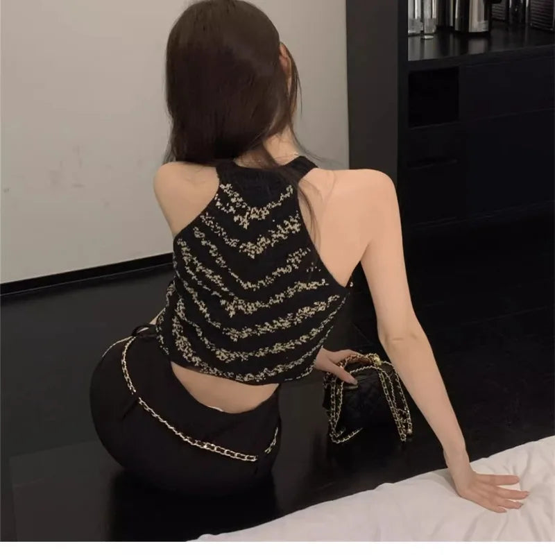 Hanging Neck Bead Suspended Tank Top Women's 2024 Summer Spicy Girl Sexy Fashion Sleeveless Casual Elegant Off the Shoulder Tops