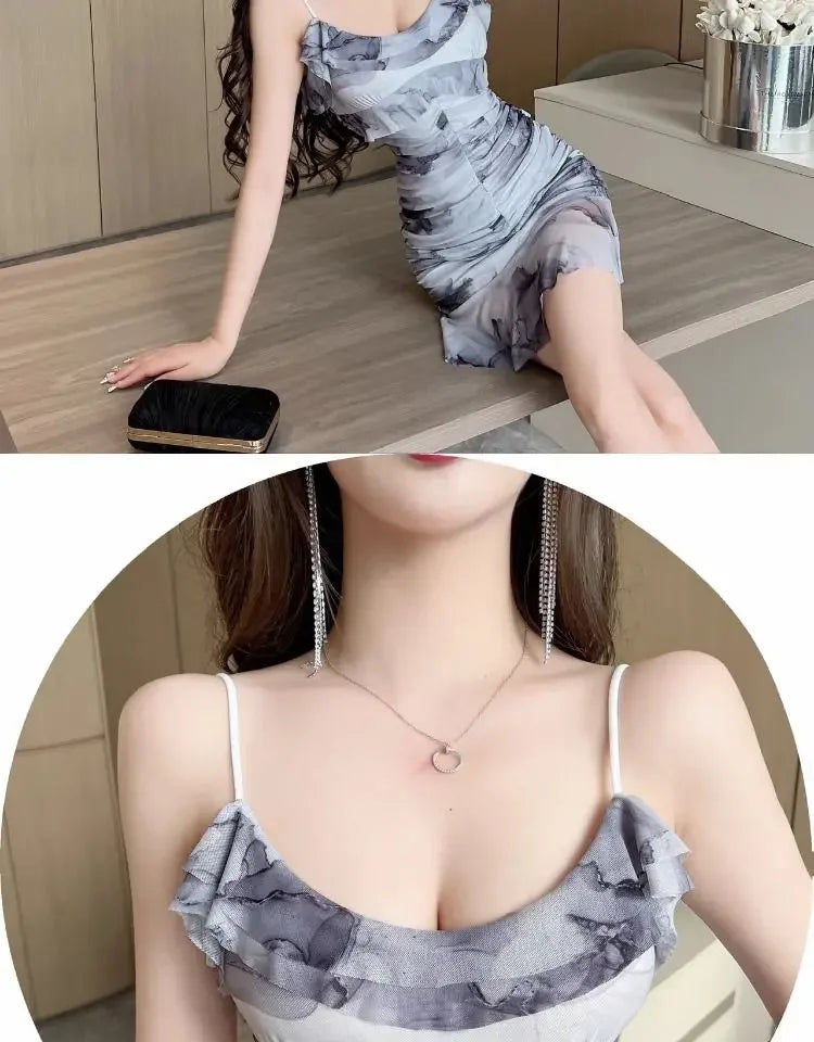 Summer French Pure Sexy Mesh Printed Suspender Dress Waist Pleated Bag