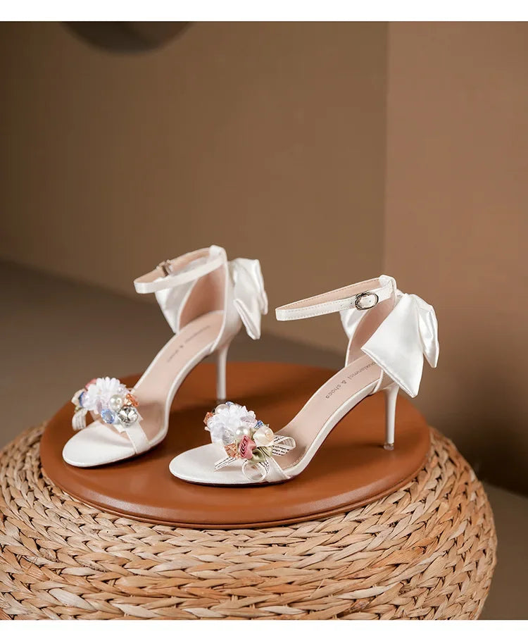 Summer Fashion Shoes Woman Pumps Open Toe Satin Flower Bow Buckle High Heels Ladies Sandals Women's Dress Wedding Party Shoes