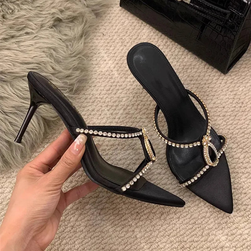 Luxury Rhinestones Gem Women Slippers Sandals Elegant Pointed toe Stiletto High heels Mules Slides Fashion Summer Party Shoes