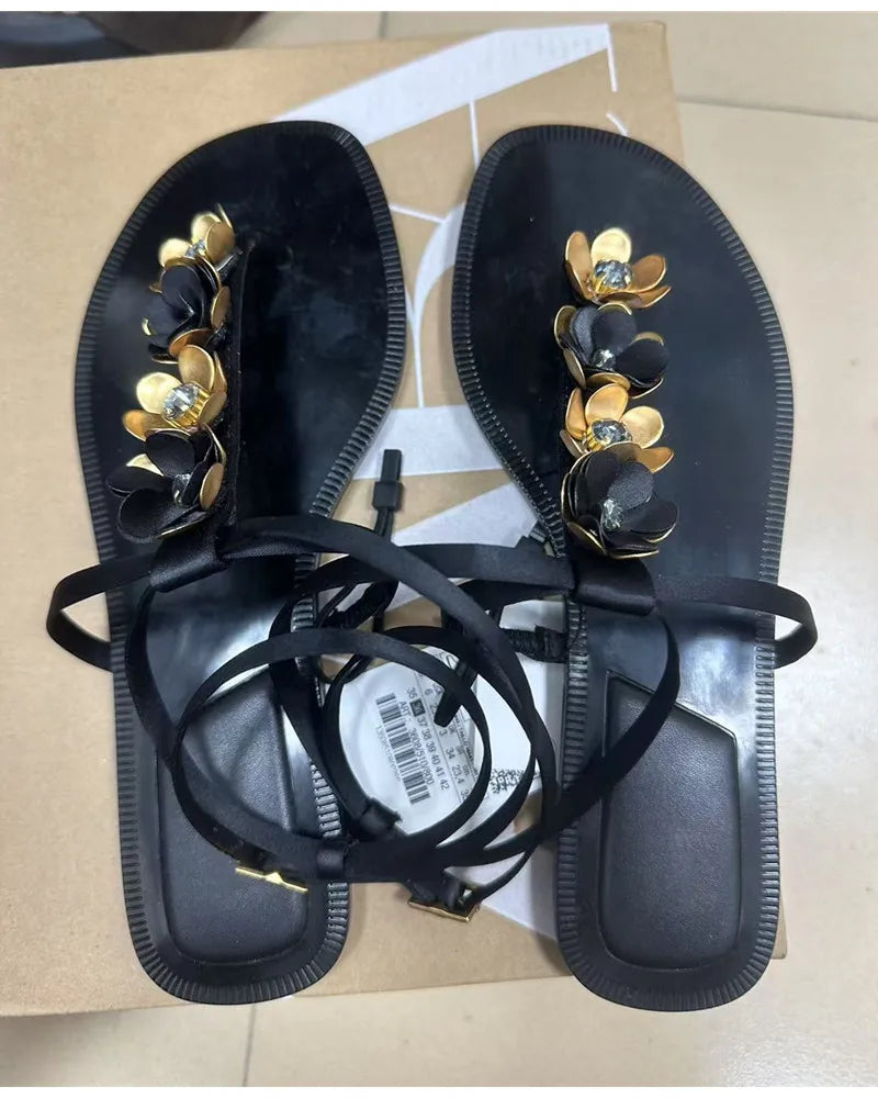 Luxury Crystal Flowers Decor Women Flats Sandals Sexy Ankle Strap Summer Beach Slides Fashion Streetwear Modern Sandals Shoes