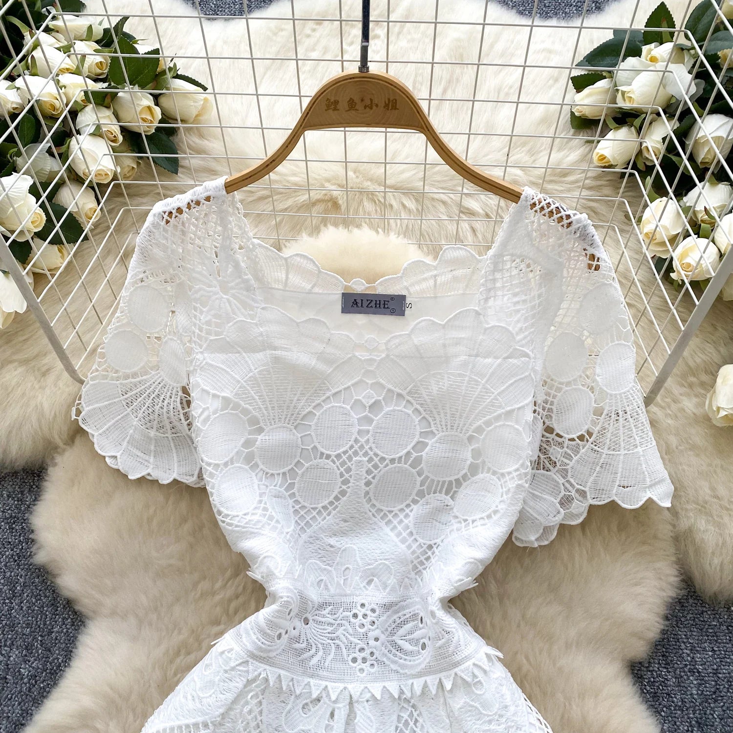 France Elegant Fashion Slim Evening Dress Women Hollow Out Lace Crochet Party Dress Female Casual Chic High End Clothing New