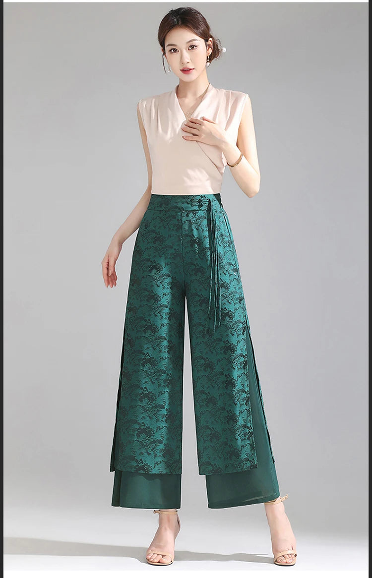 Chiffon Wide Wide Trousers Female Elegant Vintage New Pants Summer Thin Split Loose Skirt Pants Women Black Green