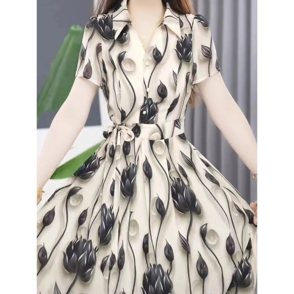 Women's Exquisite Printed Short Sleeved Dress 2024 Summer New Elegant And Beautiful Medium-length Shirt Skirt Mother's Outfit