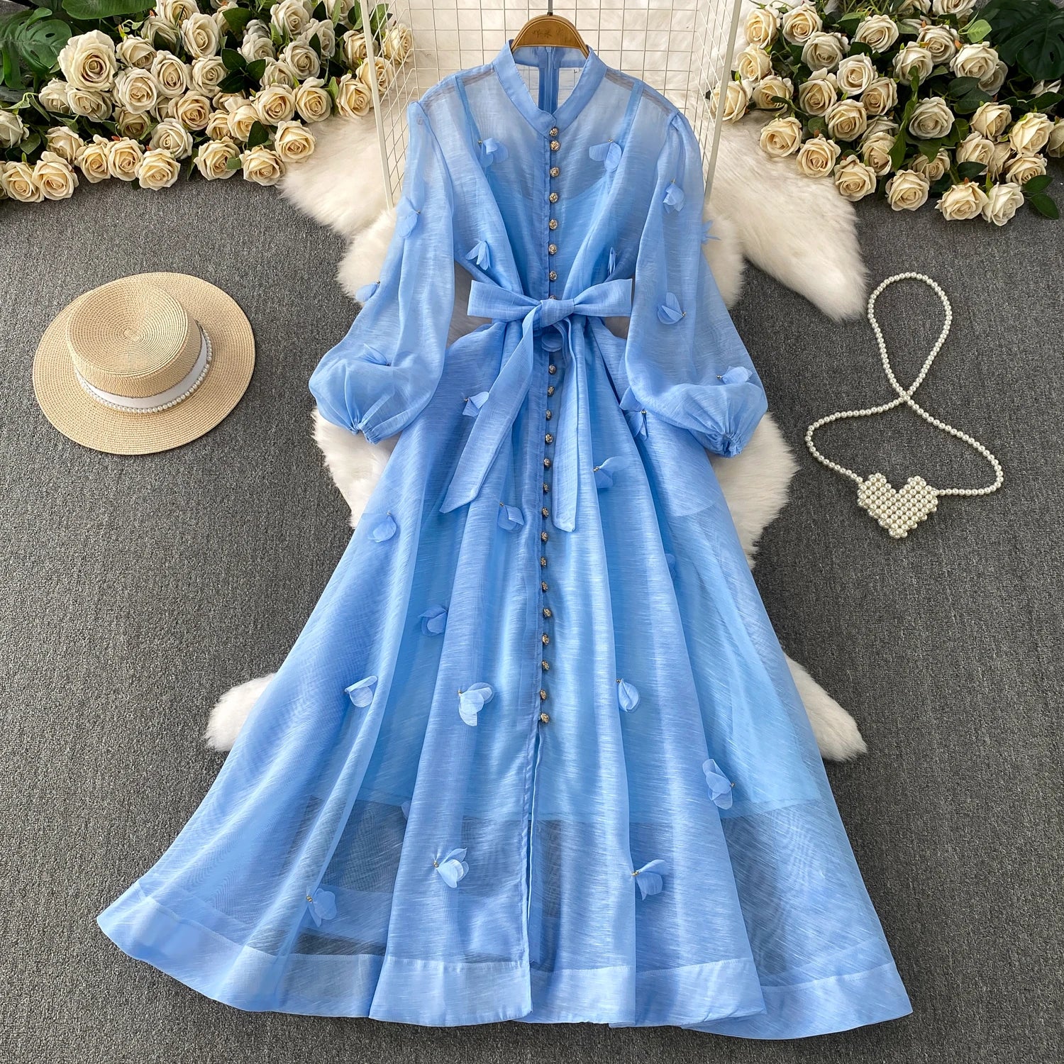 Chic vintage long sleeve floral button Elegant Fairy korean fashion autumn Sundress women clothing