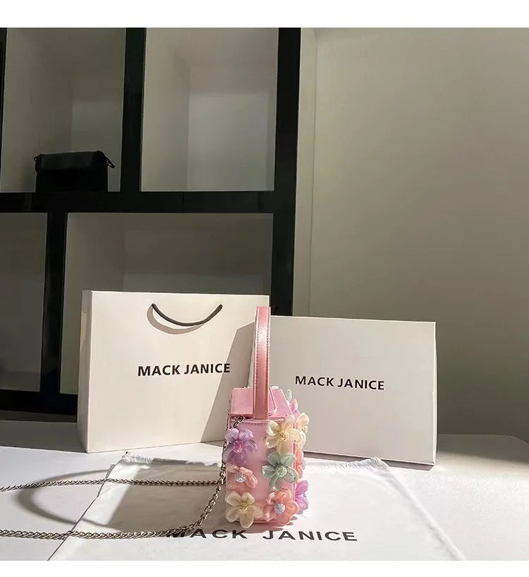 Luxury Satin Appliques Floral Square Bag Women's Handbag Fashion Evening Bag Wedding Party Clutch Purse Shoulder Crossbody Bag