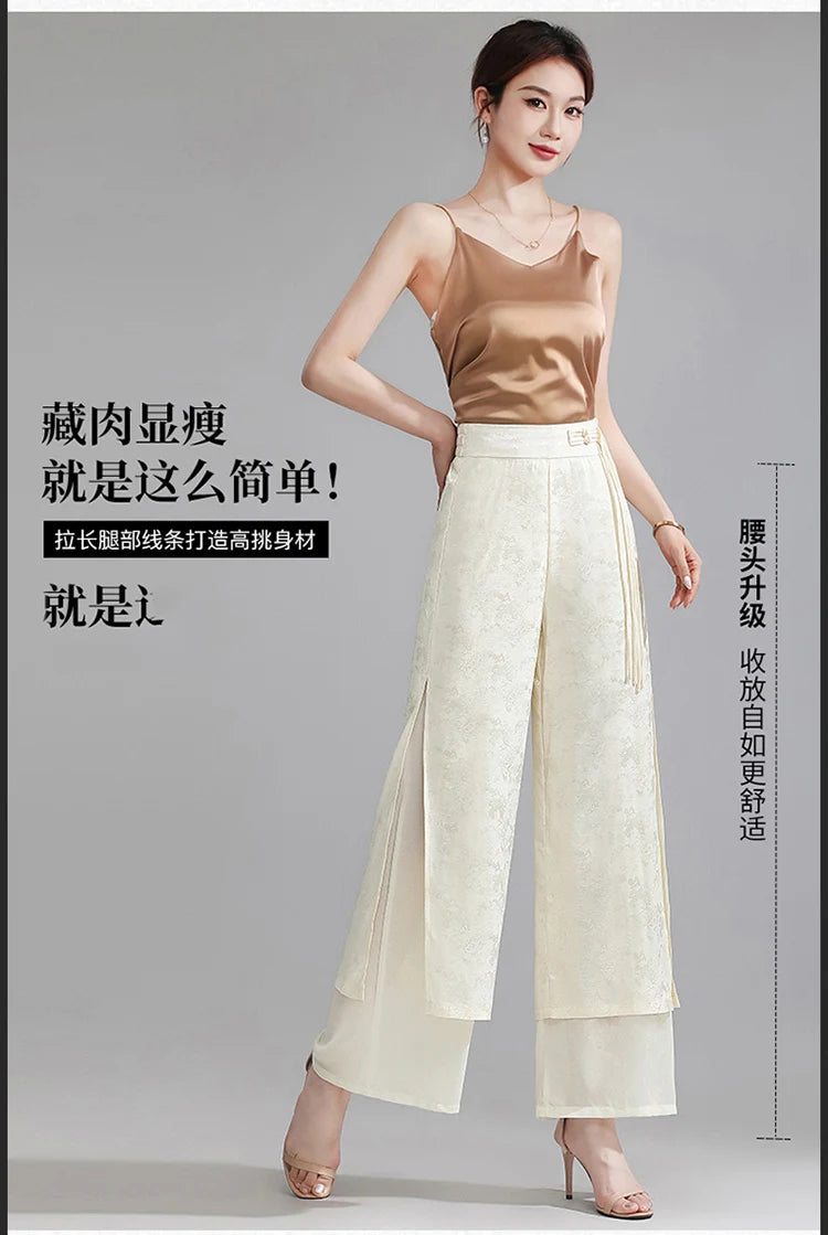Chiffon Wide Wide Trousers Female Elegant Vintage New Pants Summer Thin Split Loose Skirt Pants Women Black Green