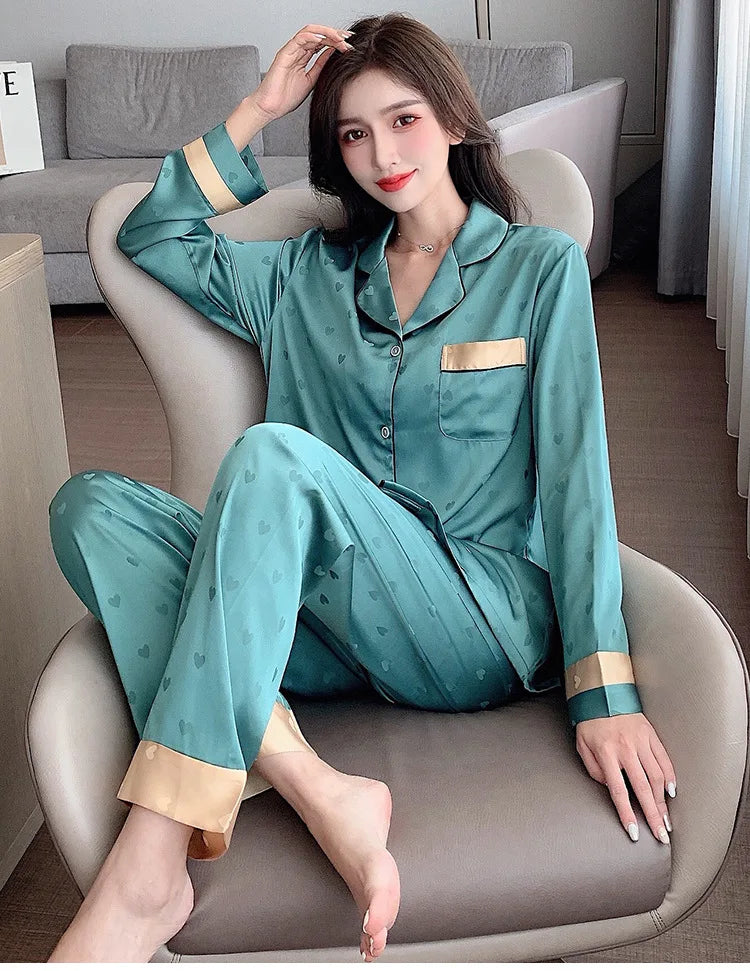 Top Autumn New Ice Silk Women Pajama Lapel Button Cardigan Outfits for Women 2 Piece Set Fashion Printing Set Clothes for Women