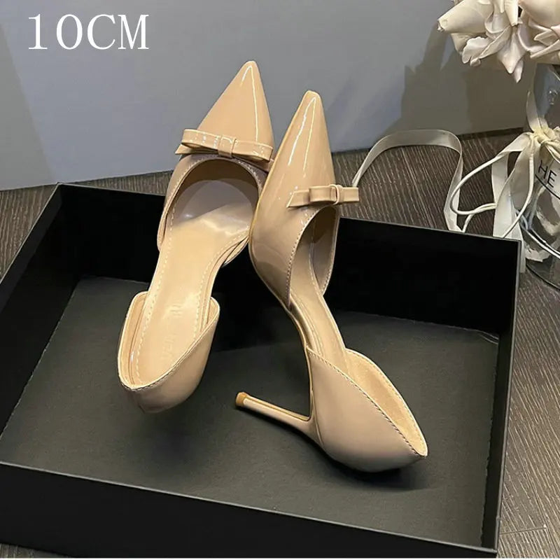 New Autumn Patent Leather Nude High Heels Thin Heel Pointed Bow Korean Version Summer Senior Feeling Hollow Female Pumps