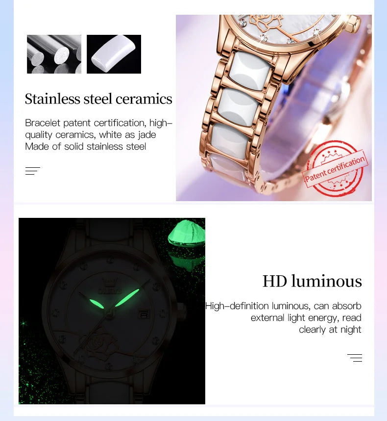 OLEVS 3606 Luxury Women Watch Camellia Quartz Japan Movement 30M Waterproof Watch For Women Ceramics Women Mechanical Watch