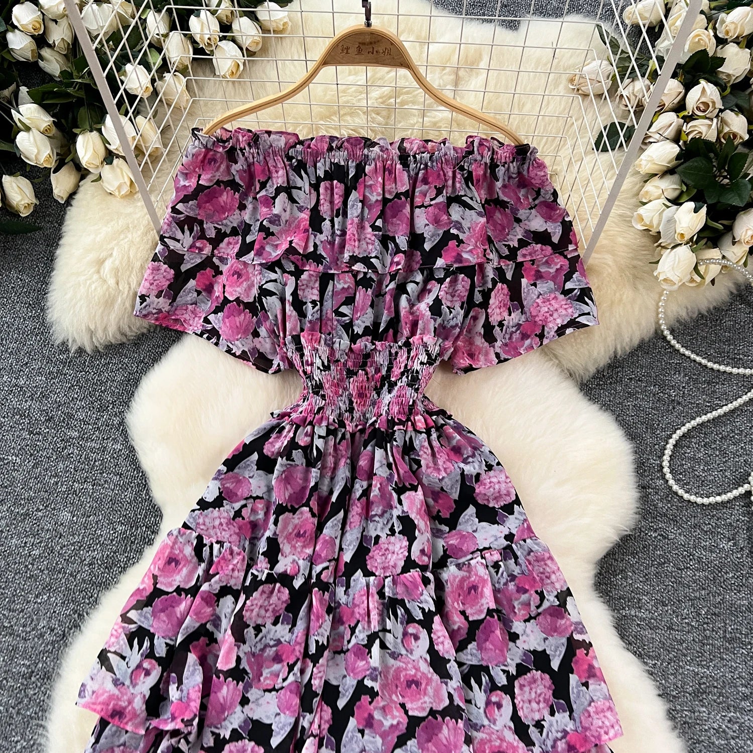 French Vintage Off Shoulder Short Sleeve Ruffle Tiered Long Dresses Chic Casual Beach Vacation Women Summer Chiffon Clothing