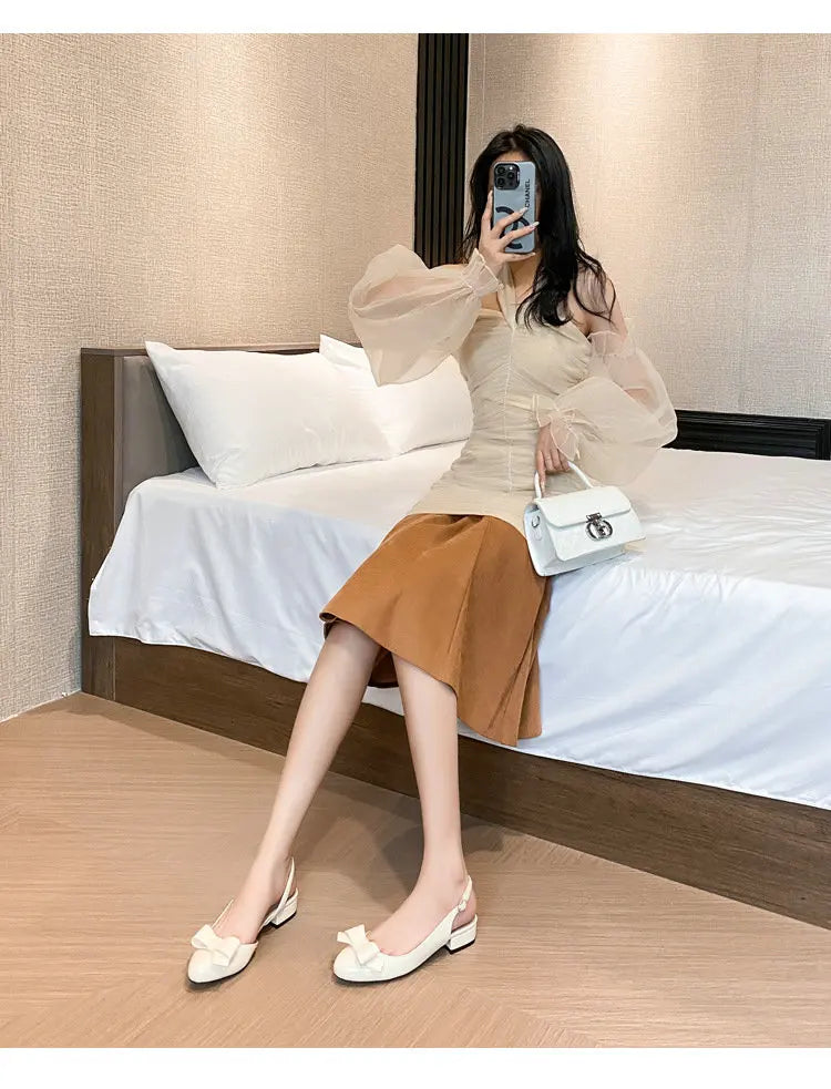 French-Style Bow Head-Toe Sandals For Women 2025 Summer New Style Chunky Heel Patent Leather High Heel Mid-Heel Sandals