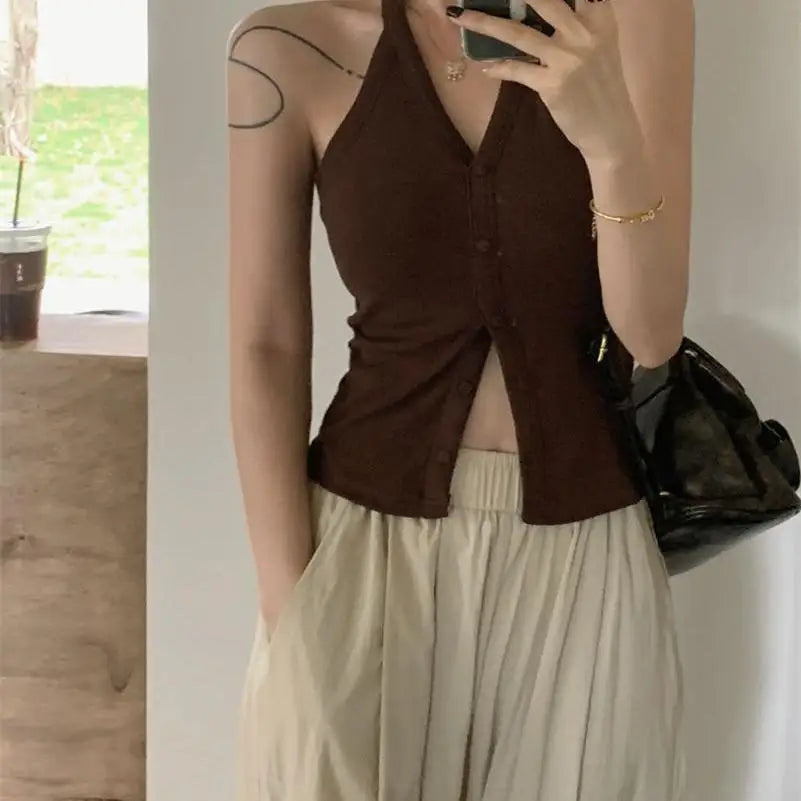 Sexy Spicy Girl Pure Color Design V-Ne Hanging Ne Vest Women's Summer Slim ort Matched with Chest Pad Top