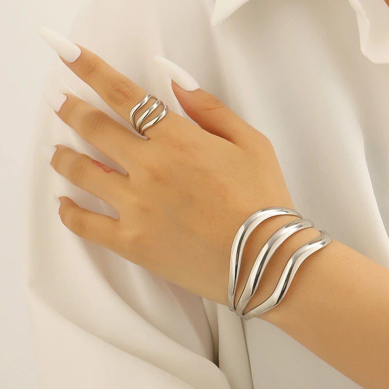 Stainless Steel Multi-Layer Wave Open Bracelet Rings Set for Women Simple Metal Twisted Lines Hand Chain Fashion Banquet Jewelry