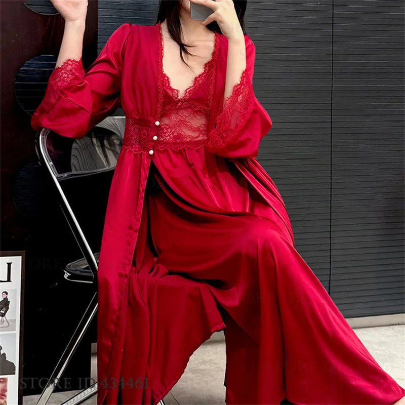 Burgundy Satin Long 2PCS Robe Nightgown Set Spring Summer Women Sleepwear Bathrobe Sexy Lace Nightgown Loose Homewear Loungewear