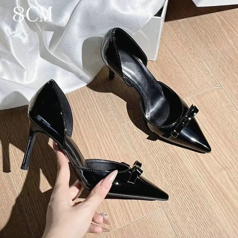 New Autumn Patent Leather Nude High Heels Thin Heel Pointed Bow Korean Version Summer Senior Feeling Hollow Female Pumps