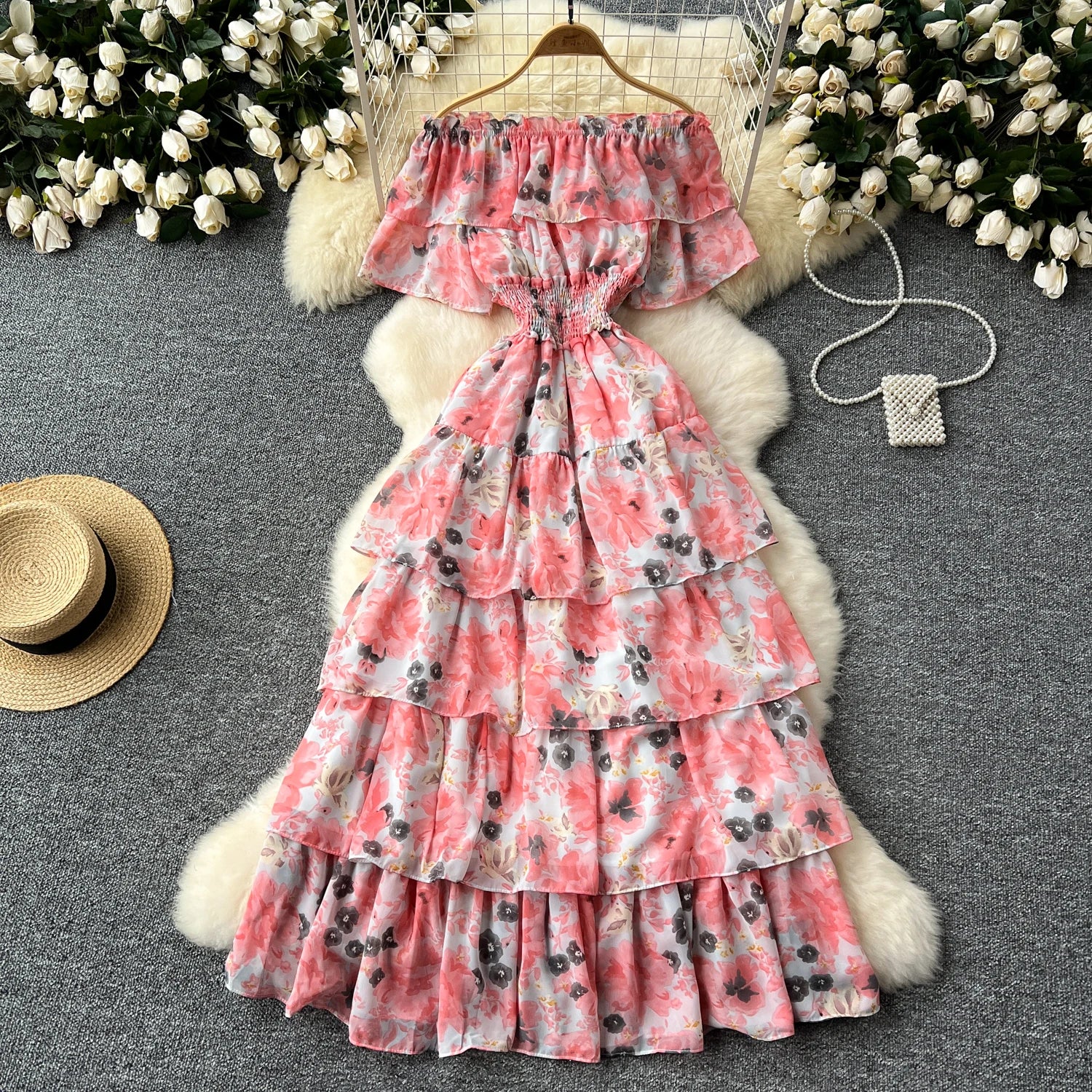 French Vintage Off Shoulder Short Sleeve Ruffle Tiered Long Dresses Chic Casual Beach Vacation Women Summer Chiffon Clothing