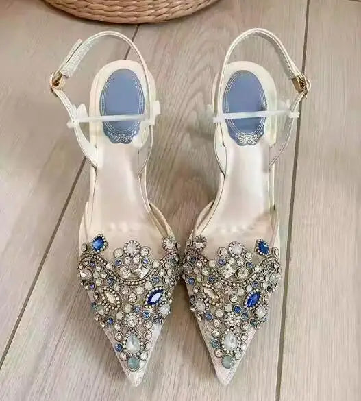 Multi-color Diamond Rhinestone Pearl Wedding Lace Sandals Women Pointed Toe Ankle Strap High Heels Woman Shoes
