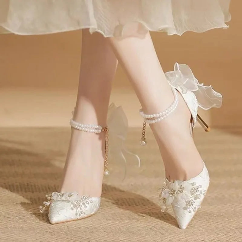 French Satin Wedding Shoes Two-Wear White Fairy Flower High-Heeled Sandals