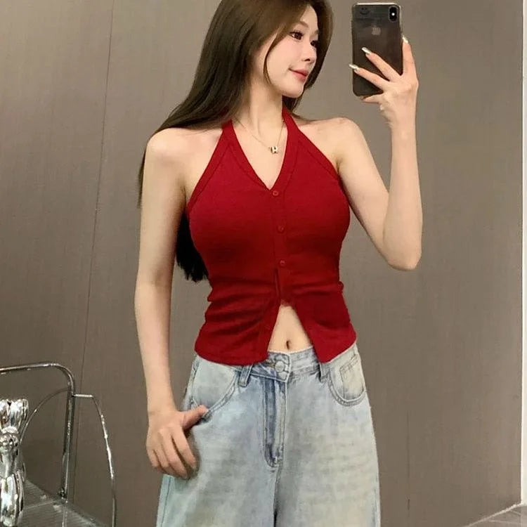 Sexy Spicy Girl Pure Color Design V-Ne Hanging Ne Vest Women's Summer Slim ort Matched with Chest Pad Top
