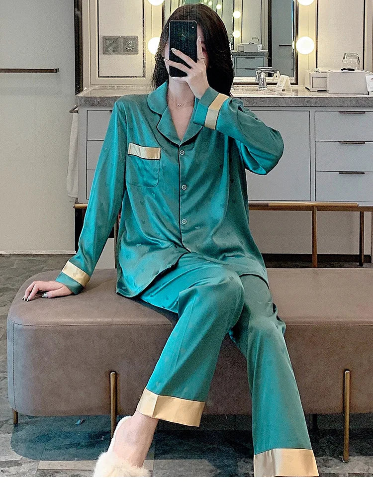 Top Autumn New Ice Silk Women Pajama Lapel Button Cardigan Outfits for Women 2 Piece Set Fashion Printing Set Clothes for Women