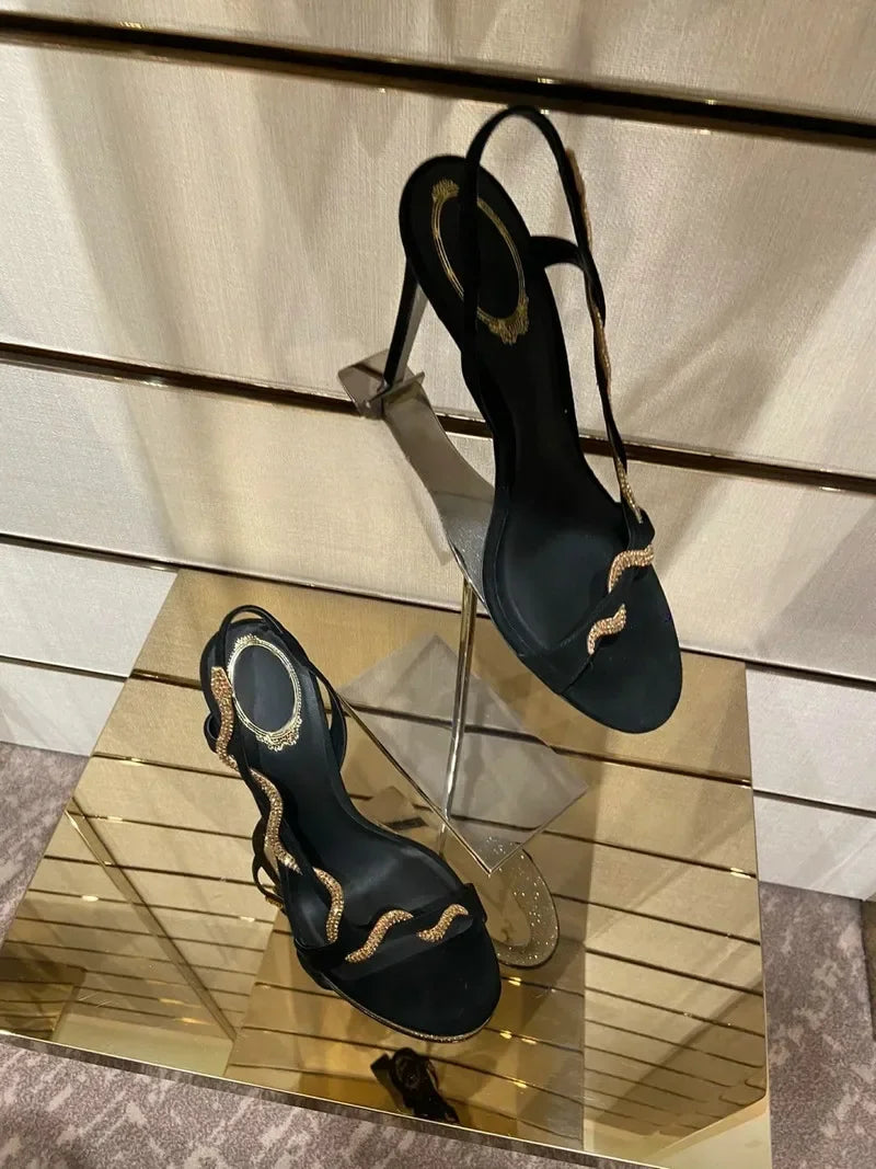 2025 Female New Serpentine Line With Fine Heel French Sandals Female Summer Drill Side Empty Sexy Open-Toed High Heels