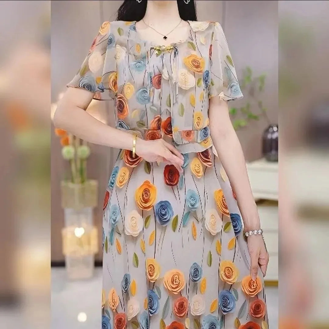 Women's Exquisite Printed Short Sleeved Dress 2024 Summer New Elegant And Beautiful Medium-length Shirt Skirt Mother's Outfit