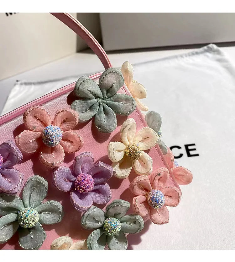 Luxury Satin Appliques Floral Square Bag Women's Handbag Fashion Evening Bag Wedding Party Clutch Purse Shoulder Crossbody Bag