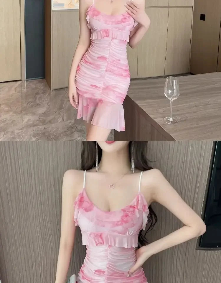 Summer French Pure Sexy Mesh Printed Suspender Dress Waist Pleated Bag