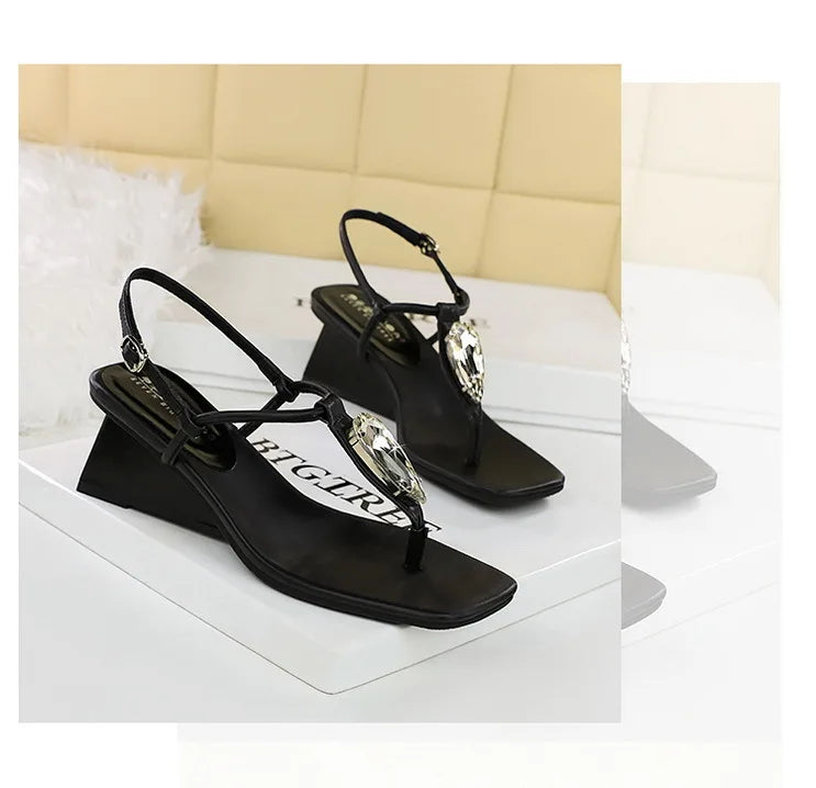 Wedge Heel with Herringbone Sandals Women's Rhinestone Thin Strap Toe Women's High Heels