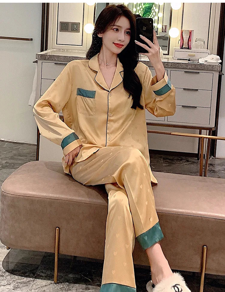 Top Autumn New Ice Silk Women Pajama Lapel Button Cardigan Outfits for Women 2 Piece Set Fashion Printing Set Clothes for Women