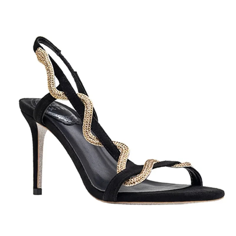 2025 Female New Serpentine Line With Fine Heel French Sandals Female Summer Drill Side Empty Sexy Open-Toed High Heels