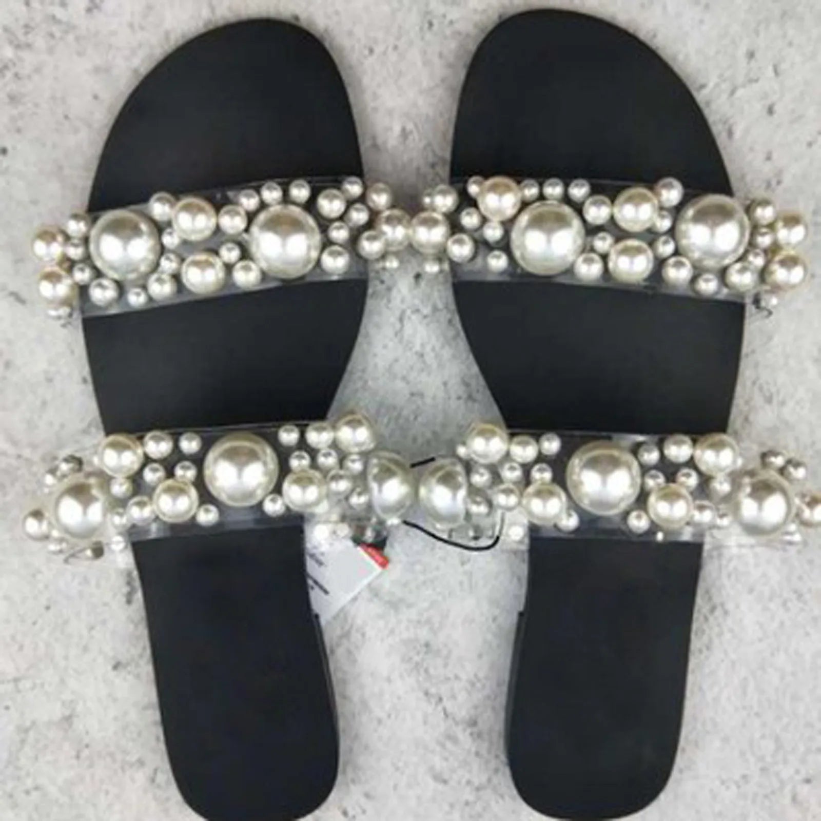 Bohemian Style Women's Pearl Open-Toe Flat Sandals Crystal Flip-Flops Summer New 2025 Transparent Flat Sandals