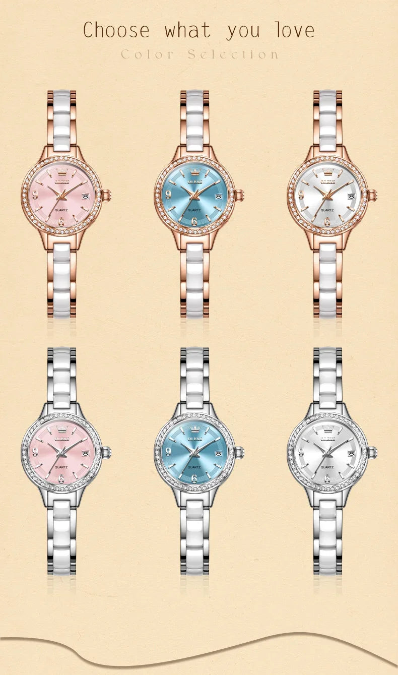 OLEVS Luxury Quartz Watch Women Elegant Ceramics Strap Waterproof Auto Date Luxury Lap Ladies Watches 7093