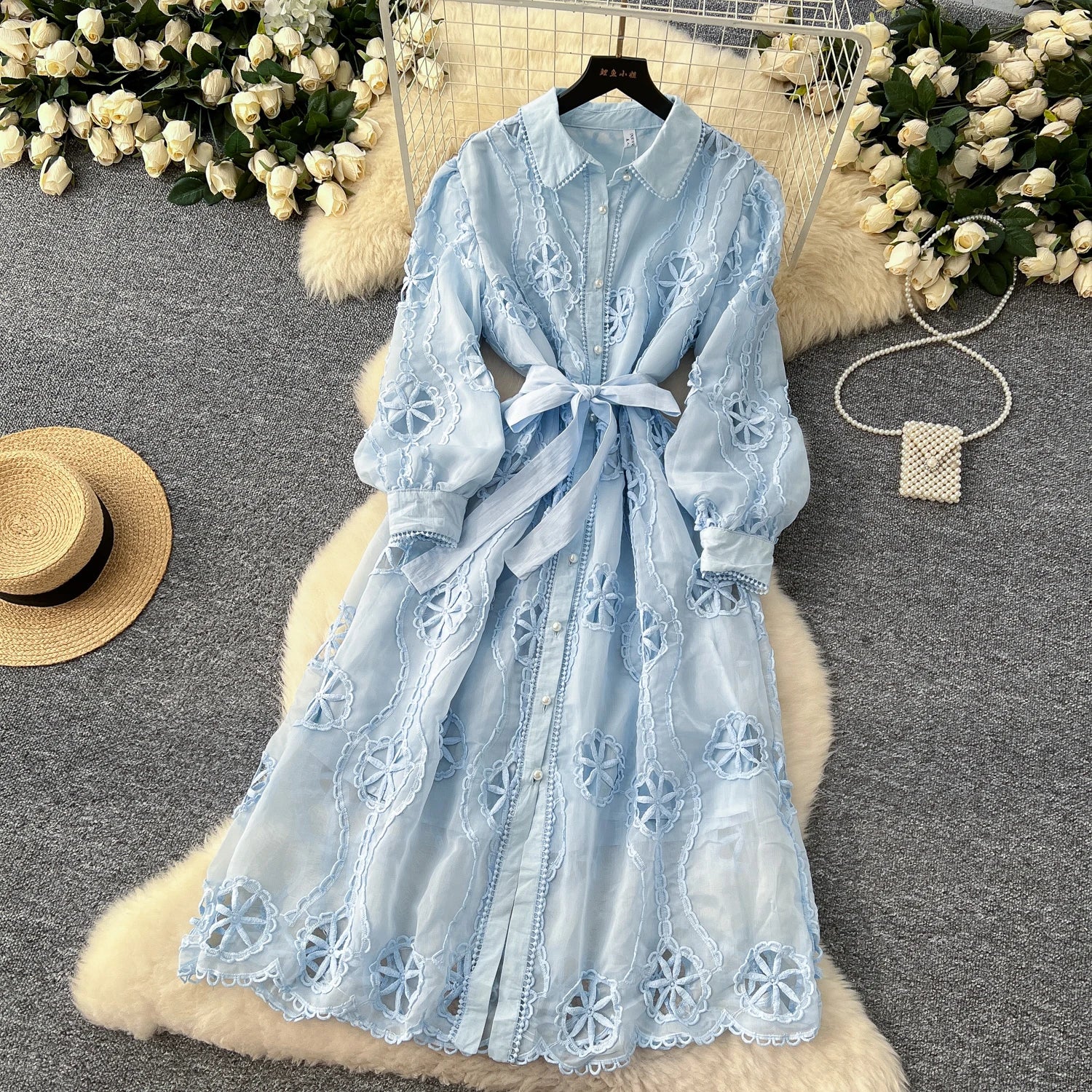 Elegant Embroidery Vintage Lantern Sleeves Lapel Single Breasted Chic Bandage Slim Long Dresses Women High Street Clothing