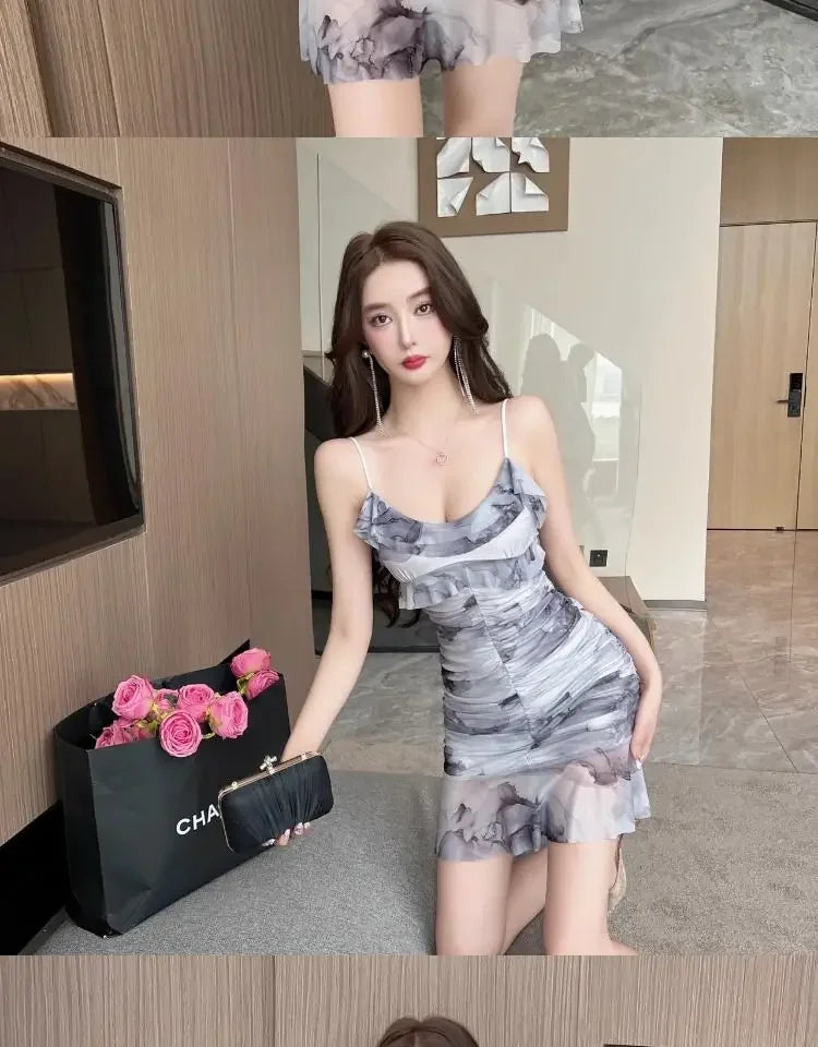 Summer French Pure Sexy Mesh Printed Suspender Dress Waist Pleated Bag