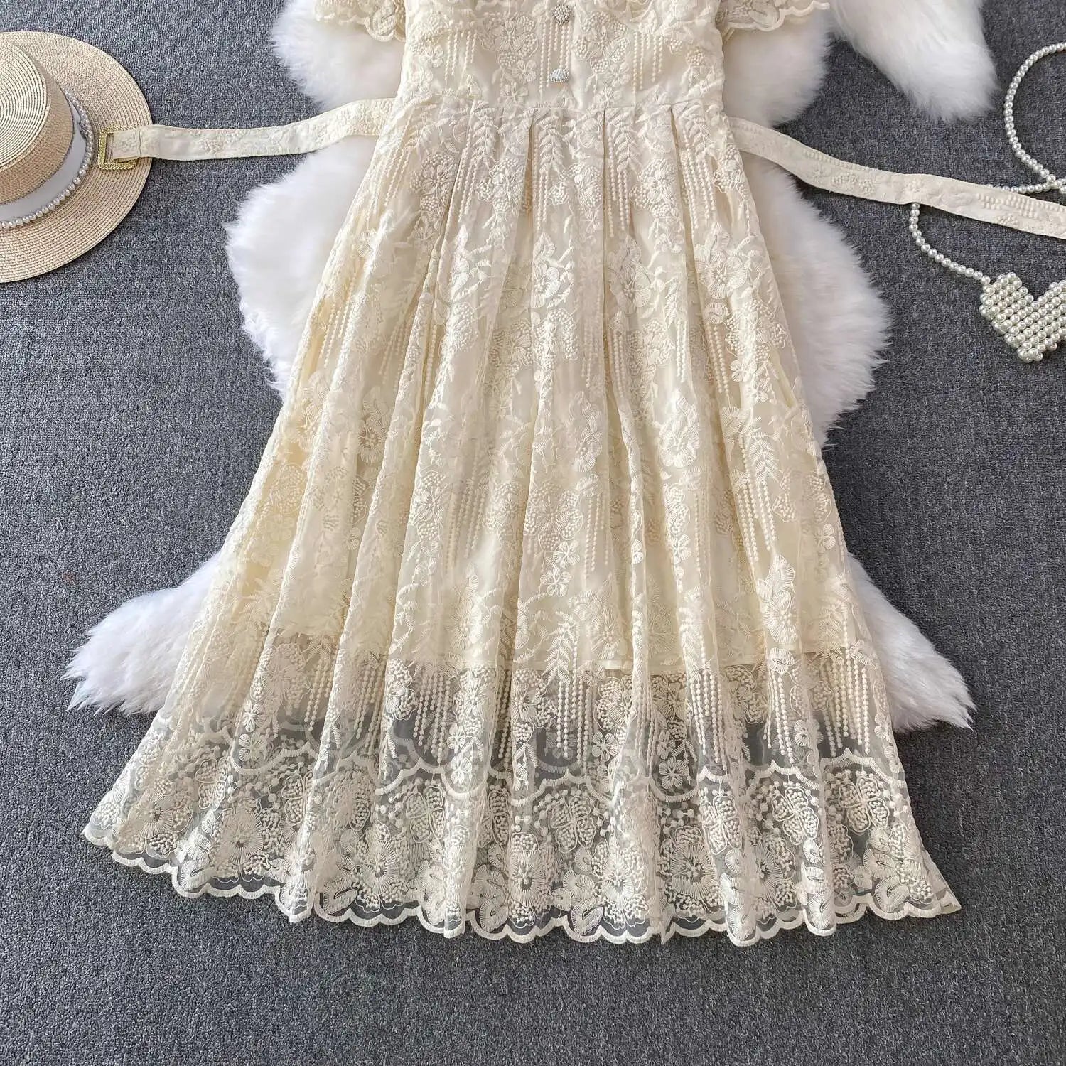 Luxury Formal Evening Lace Dress Women Summer Short Sleeve Crochet Embroidery Prom Long Dresses Runway Party Vestidos